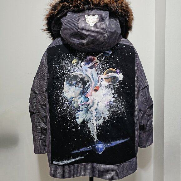 New Real Rabbit Fur-Lined Parka Coat Jacket Corduroy Raccoon Hooded Galaxy Print - Picture 1 of 5